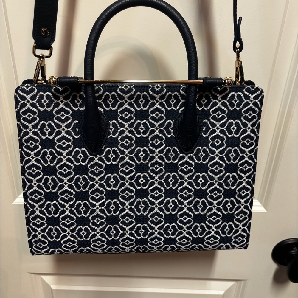 Strathberry Monogram Jacquard /leather Dark Navy Midi Tote